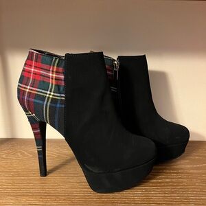 Anne Michelle Black and Red Plaid Stiletto Booties